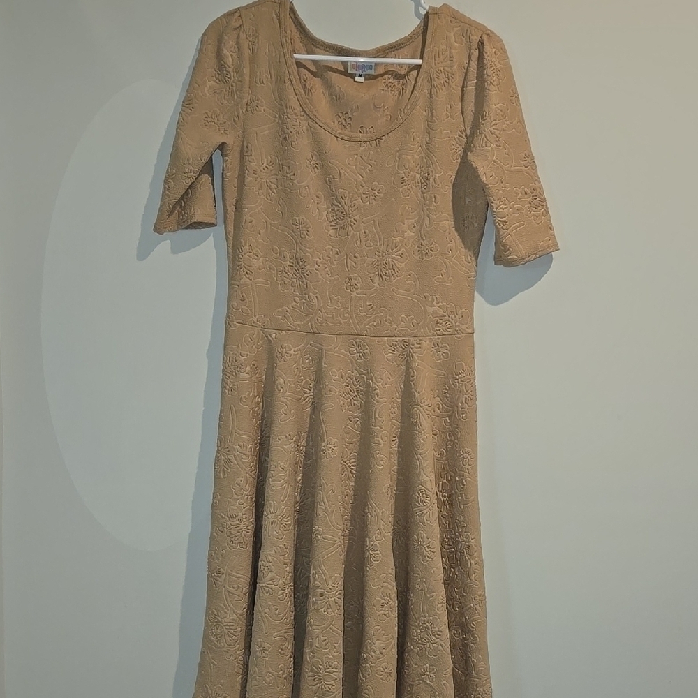 LuLaRoe Cream Tan Fit and Flare Dress Scoop Neck 3/4 Sleeve
